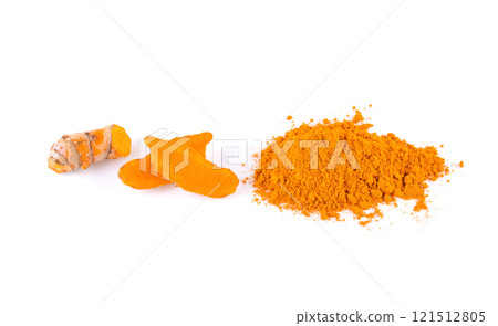 Turmeric roots with turmeric powder on white background Turmeric roots with turmeric powder on white background 121512805