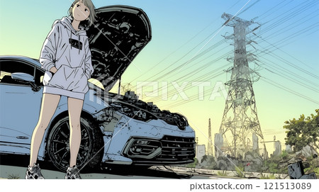 A woman who is in trouble due to a car breakdown, accident, or trouble while driving A woman who is in trouble due to a car breakdown, accident, or trouble while driving 121513089