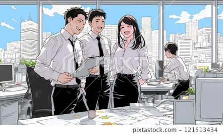 Business people having a brief meeting while standing in the office Business people having a brief meeting while standing in the office 121513434