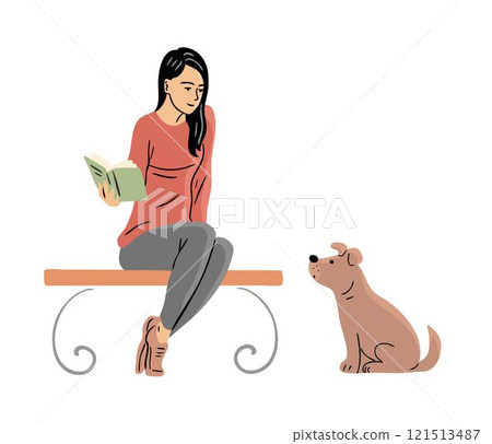 A young girl meets a cute dog on the street A young girl meets a cute dog on the street 121513487