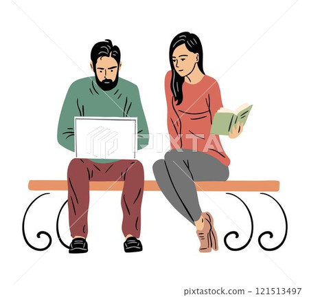 A young couple is resting on a bench A young couple is resting on a bench 121513497