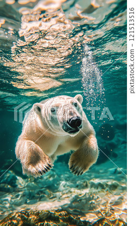Close up photo of polar bear is swimming under the water with bubbles of air in the background of blue clear water with rays of sun. Vertical photo. 121513516