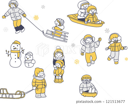 兒童在雪地玩耍的插圖集單色 121513677
