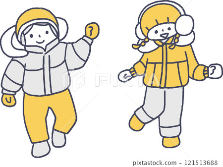 穿著單色滑雪服玩耍的孩子們 穿著單色滑雪服玩耍的孩子們 121513688
