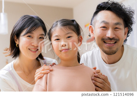 Close-up of a family of three looking at the camera 121514096