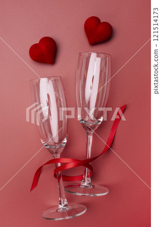 valentine's day champagne glasses and red hearts 121514173