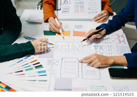 UX developer and ui designer brainstorming about mobile app interface wireframe design with customer breif 121514523