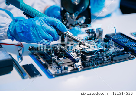 Hard disk drive on the technician's desk and a computer motherboard as a component. the concept 121514536