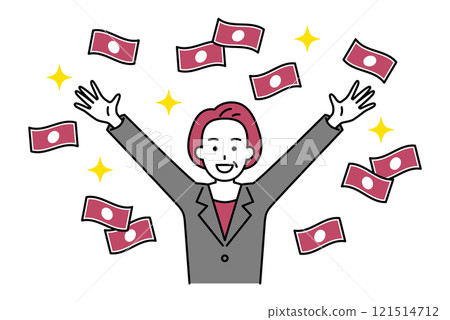 一位穿著西裝的中年婦女贏得了一大筆錢後很高興。 一位穿著西裝的中年婦女贏得了一大筆錢後很高興。 121514712