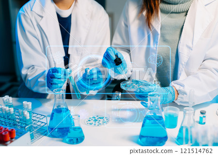 scientists in lab coats conducting research, handling glassware, and working with chemicals 121514762