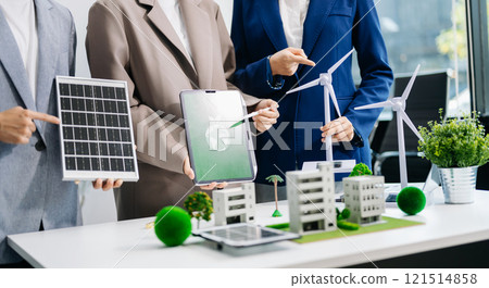 business team people planning and discussing on recycle reduce reuse policy symbol in office meeting room. Green business company and Solar Energy 121514858