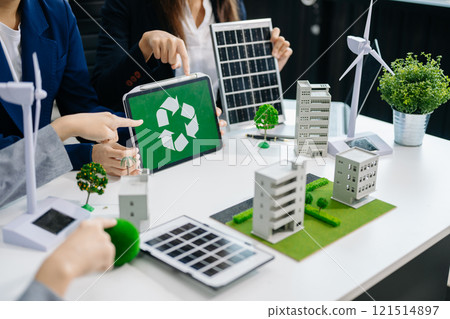 Business team people planning hand using laptop for working technology and business Net zero and carbon neutral concept.NET ZERO icons and symbols save the eco world 121514897