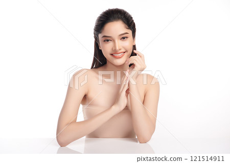 Beautiful Young transgender woman with clean fresh skin on white background, Face care, Facial treatment, Cosmetology, beauty and spa, transgender women portrait. 121514911
