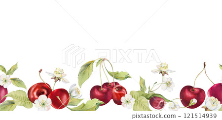 Sweet sour red cherry with white flowers, green leaves, hand drawn in watercolor, berry in clusters on branches. Seamless banner garland illustration for restaurant, cafe menu, wedding, farmers market 121514939