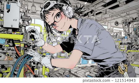 Female factory worker in work clothes 121514943