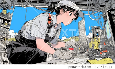 Female factory worker in work clothes 121514944