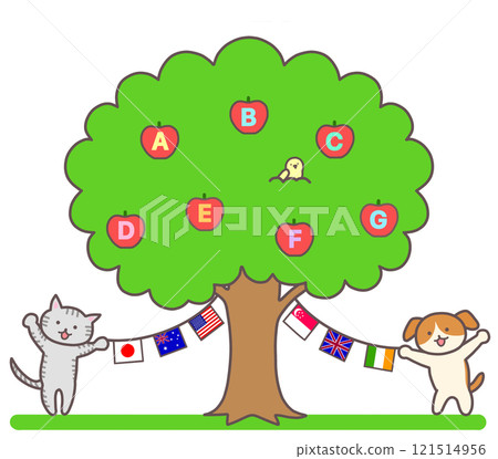 Apple tree with alphabet, dog and cat (with Japanese flag) 121514956