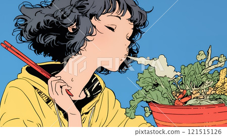 A woman burns herself in a hot pot and eats the salad that came from the pot after it has cooled down A woman burns herself in a hot pot and eats the salad that came from the pot after it has cooled down 121515126