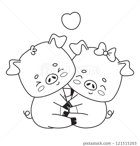 Couple pigs in love. Two hugging piglets, boy and girl. Cute outline animal cartoon character. Line drawing, coloring book. Vector illustration. Couple pigs in love. Two hugging piglets, boy and girl. Cute outline animal cartoon character. Line drawing, coloring book. Vector illustration. 121515203