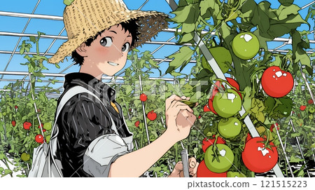農民在溫室裡收穫西紅柿 121515223