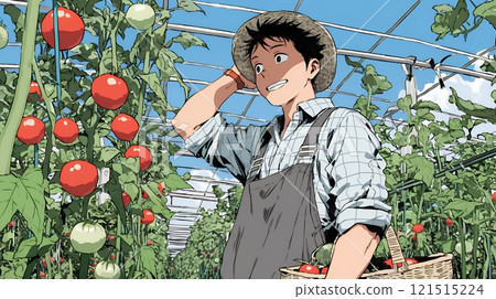 Farmers harvesting tomatoes in a greenhouse Farmers harvesting tomatoes in a greenhouse 121515224