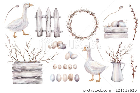 Easter set of quail and chicken eggs and wooden boards and box. Watercolor hand drawn illustration geese and poppy seed boxes. Frame with springtime tree branch without leaves and of willow in jug Easter set of quail and chicken eggs and wooden boards and box. Watercolor hand drawn illustration geese and poppy seed boxes. Frame with springtime tree branch without leaves and of willow in jug 121515629