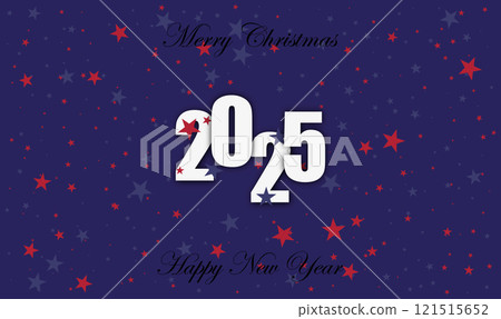 New Year and Christmas card strewn with blue and red stars, New Year design on blue background 121515652