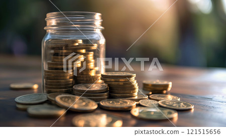 Stacks of coins beside a glass jar filled with more coins during sunset on a wooden surface 121515656