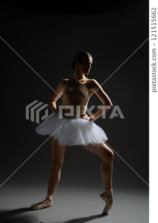 Elegant ballerina poses dramatically in a dimly lit dance studio Elegant ballerina poses dramatically in a dimly lit dance studio 121515662