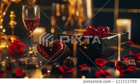 紅心巧克力與香檳杯的情人節形象 紅心巧克力與香檳杯的情人節形象 121515780