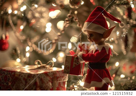 Christmas Elf with Gifts Under Illuminated Tree Christmas Elf with Gifts Under Illuminated Tree 121515932