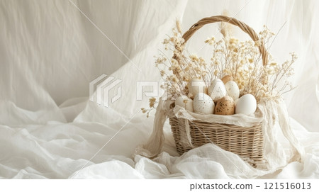 Earthy Easter basket with natural eggs and bohemian decor elements. Easter 121516013