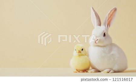 Easter bunny and chick side by side, playful and heartwarming holiday moment. Easter 121516017