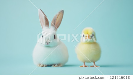 Humorous Easter scene with bunny and chick, celebrating togetherness. Easter Humorous Easter scene with bunny and chick, celebrating togetherness. Easter 121516018