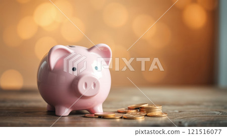 a pink piggy bank on gold coins 121516077