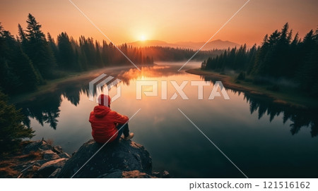 person in an orange jacket seated on a rock person in an orange jacket seated on a rock 121516162