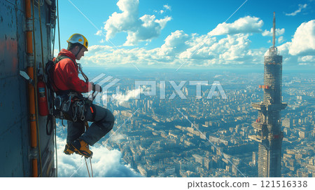 Industrial alpinist performing maintenance at great heights over a city skyline with clouds in the background 121516338
