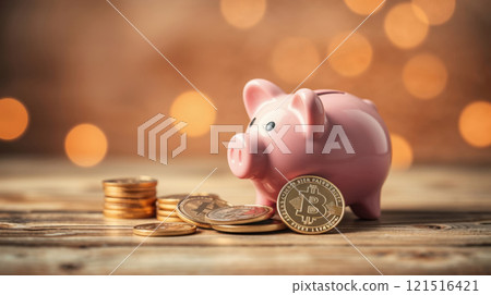 a pink piggy bank on gold coins 121516421
