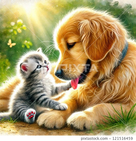 朋友黃金獵犬和小貓 121516459