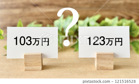 103萬日圓和123萬日圓卡、問號和ivy_棕色板背景 103萬日圓和123萬日圓卡、問號和ivy_棕色板背景 121516528