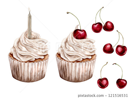 Watercolor sweets cupcake with cherry and candle. Elements of design holidays or wedding pastel colors. Watercolor hand drawing illustration on isolated white background for birthday or Valentines day Watercolor sweets cupcake with cherry and candle. Elements of design holidays or wedding pastel colors. Watercolor hand drawing illustration on isolated white background for birthday or Valentines day 121516531