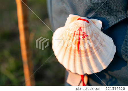 Close up of a Scallop shell with red cross of Santiago de Compostela hanging on pilgrim backpack during Camino de Santiago pilgrimage 121516620