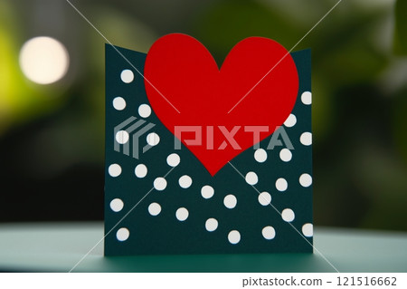 Valentine's Day Heart Card with Red Heart on Polka Dot Design Background 121516662