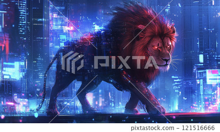 Lion walking through a cyberpunk-style city at night AI image 121516666