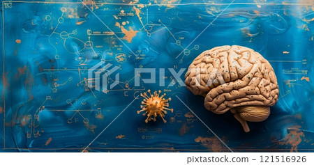 A model of the human brain and a virus model rest on a blue surface adorned with gold scientific diagrams. 121516926