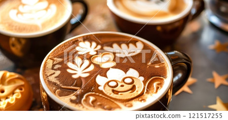 On a rustic wooden table, amidst decorative golden stars and a gingerbread cookie, three cups of coffee entice with their frothy surfaces adorned with intricate latte art designs of leaves, flowers, 121517255