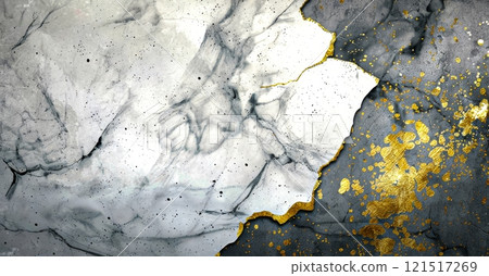 A white and grey marbled surface, accented with gold leaf and splatters, creates a luxurious, abstract design. 121517269