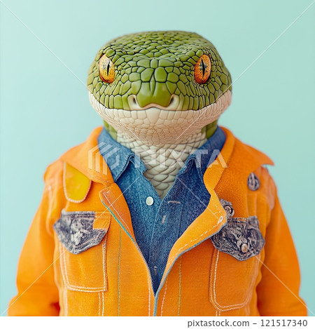snake in fashionable orange jacket and denim shirt against blue background. snake in fashionable orange jacket and denim shirt against blue background. 121517340