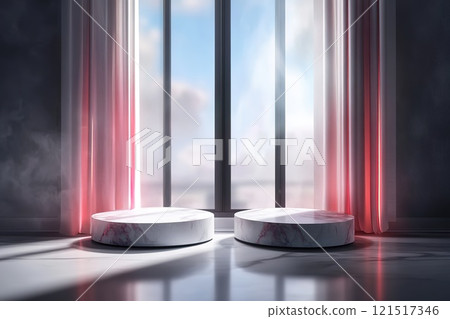 Elegant marble platforms by sunlit window with sheer curtains and pink highlights. 121517346