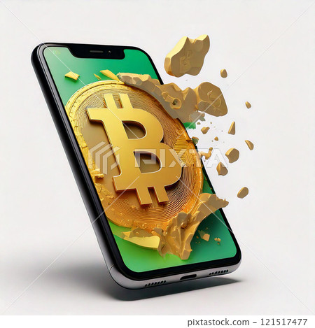 3D 插畫：比特幣從智慧型手機飛出 121517477